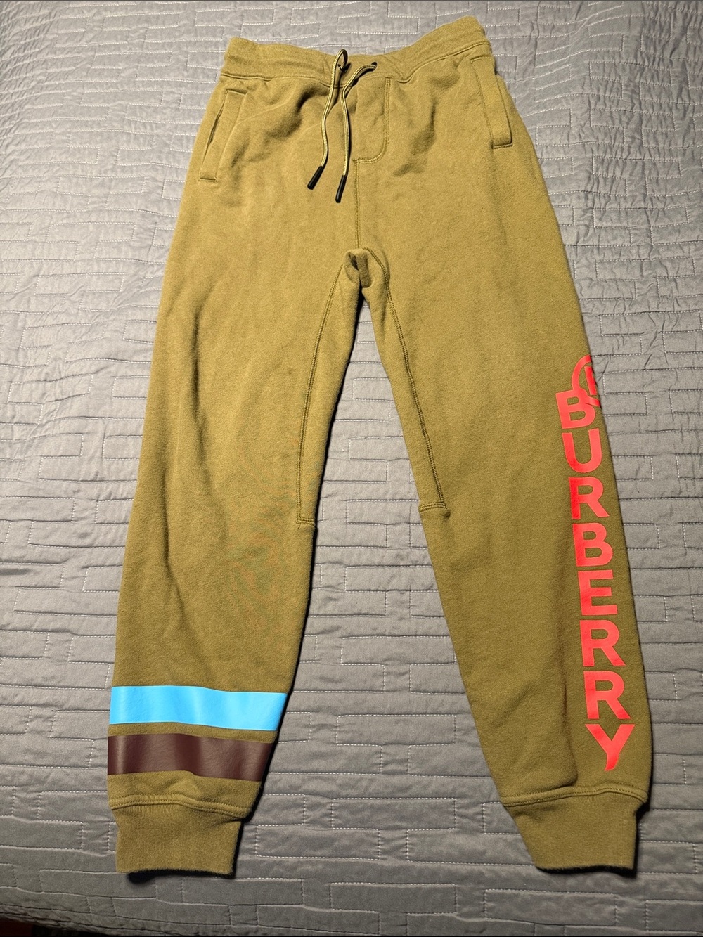 Burberry Kids Olive Green Sweatpants with Red Logo & Color Block Cuff